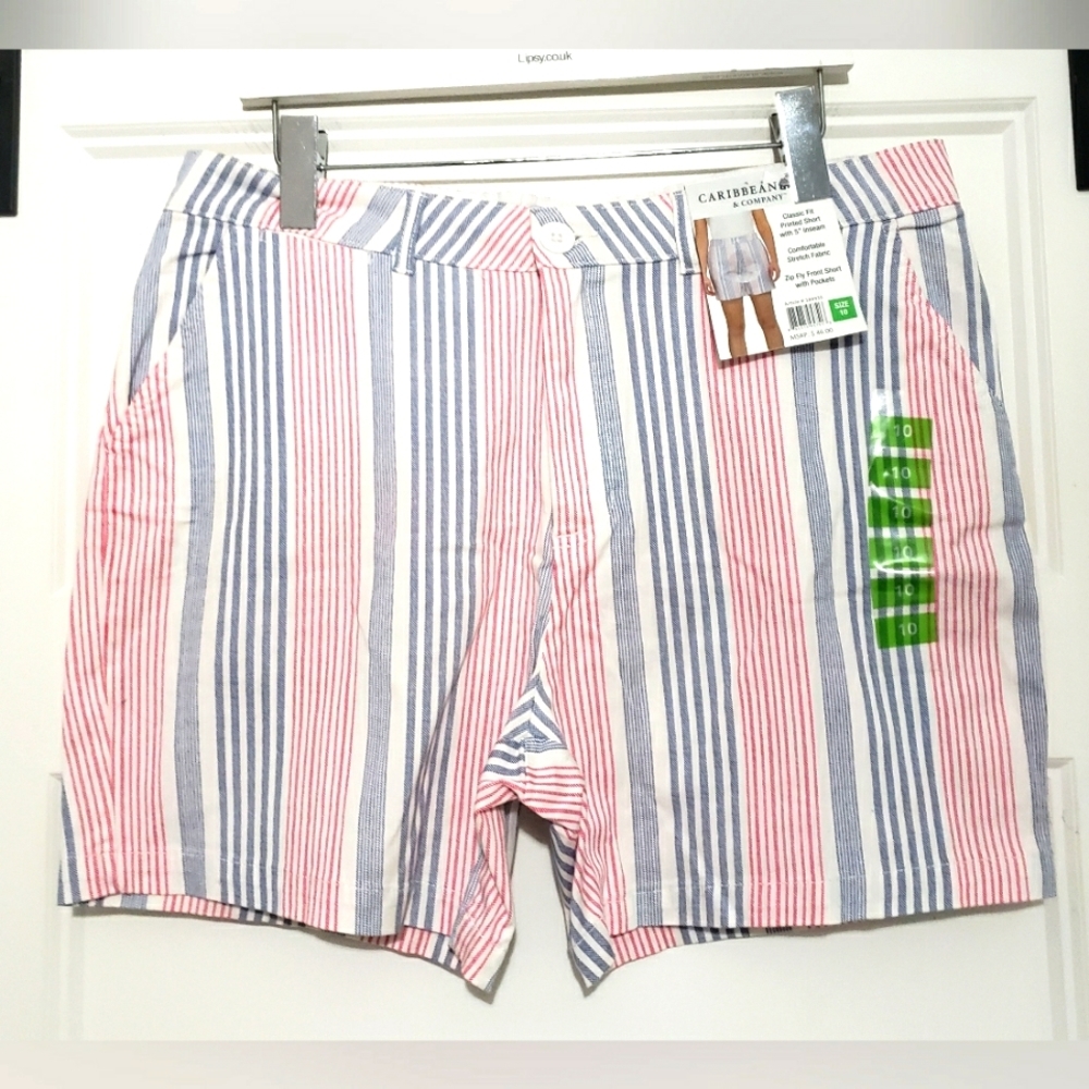 Caribbean Joe & Co Classic Fit Striped Short Womens 10 Stretch Red White Blue